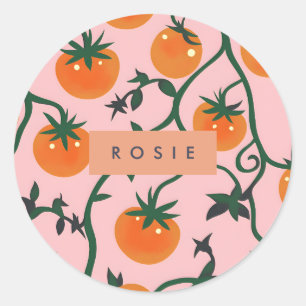 Monogram gepersonaliseerd retro tomaat wijnpatroon ronde sticker