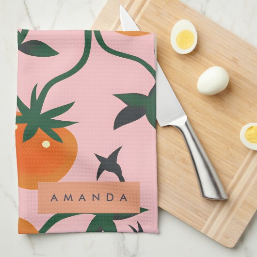 Monogram gepersonaliseerd retro tomaat wijnpatroon theedoek (Quarter Fold)