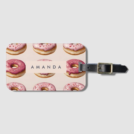 Monogram gepersonaliseerd roze donutpatroon bagagelabel (Voorkant (horizontaal))