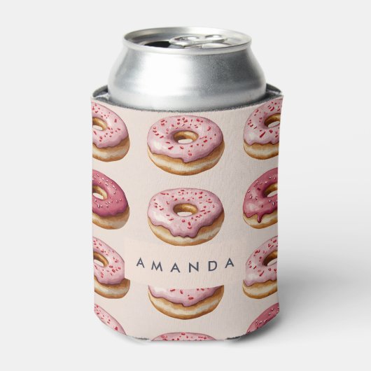 Monogram gepersonaliseerd roze donutpatroon blikjeskoeler (Blikje Voorkant)
