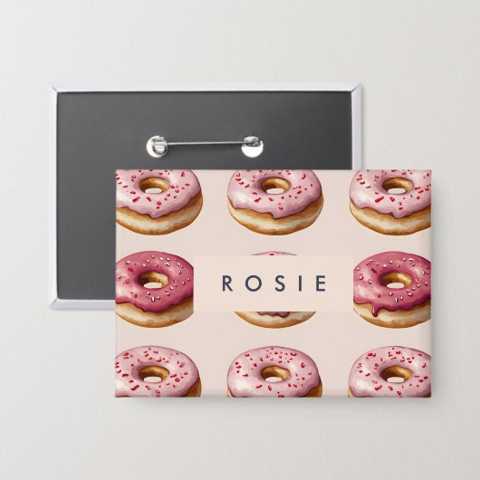 Monogram gepersonaliseerd roze donutpatroon button (Voorkant / Achterkant)