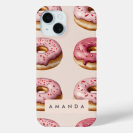 Monogram gepersonaliseerd roze donutpatroon iPhone 15 case