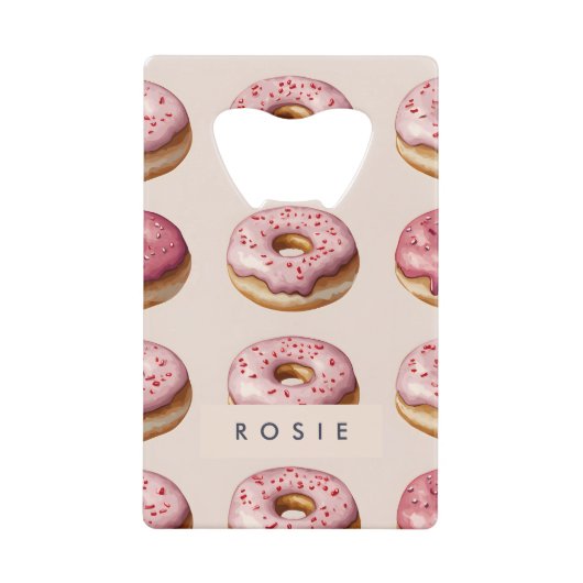 Monogram gepersonaliseerd roze donutpatroon creditkaart flessenopener (Voorkant)