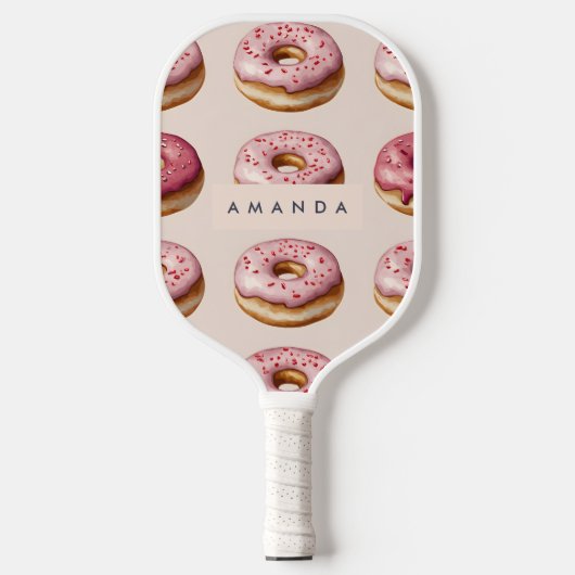 Monogram gepersonaliseerd roze donutpatroon pickleball paddle (Voorkant)