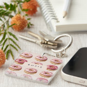 Monogram gepersonaliseerd roze donutpatroon sleutelhanger (Voorkant Rechts)