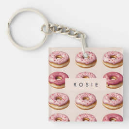 Monogram gepersonaliseerd roze donutpatroon sleutelhanger