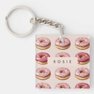 Monogram gepersonaliseerd roze donutpatroon sleutelhanger