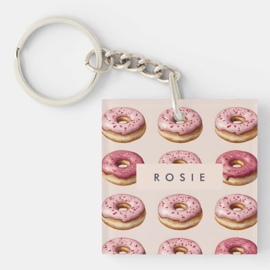 Monogram gepersonaliseerd roze donutpatroon sleutelhanger (Voorkant)