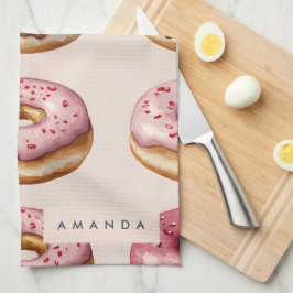 Monogram gepersonaliseerd roze donutpatroon theedoek