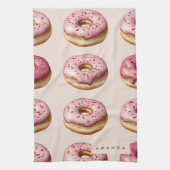 Monogram gepersonaliseerd roze donutpatroon theedoek (Verticaal)
