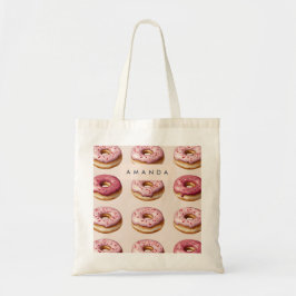 Monogram gepersonaliseerd roze donutpatroon tote bag