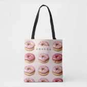 Monogram gepersonaliseerd roze donutpatroon tote bag (Voorkant)