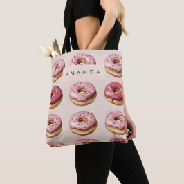 Monogram gepersonaliseerd roze donutpatroon tote bag