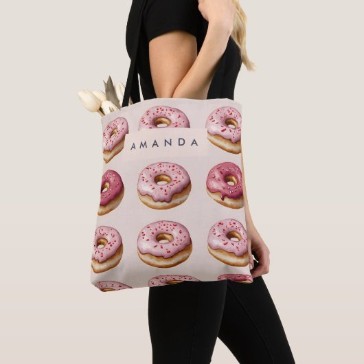 Monogram gepersonaliseerd roze donutpatroon tote bag (Dichtbij)