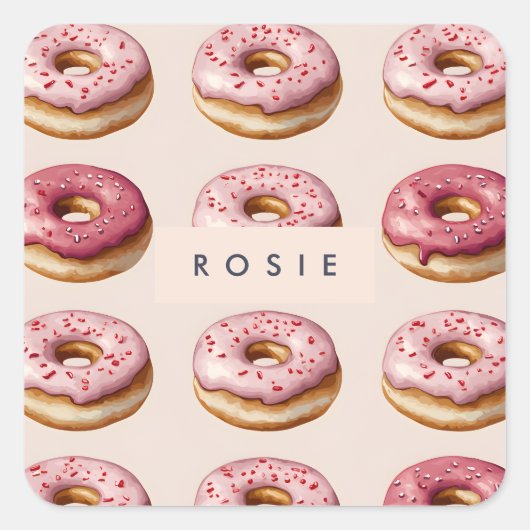 Monogram gepersonaliseerd roze donutpatroon vierkante sticker (Voorkant)