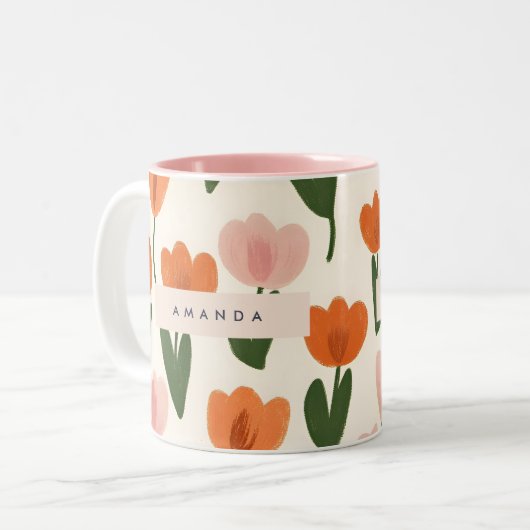 Monogram Gepersonaliseerd Schattige Spring Tulip P Tweekleurige Koffiemok (Voorkant links)