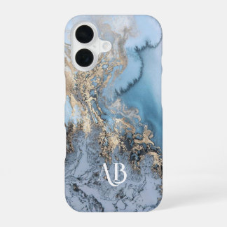Monogram Gepersonaliseerde Blauw Marmeren iPhone C 16 Hoesje