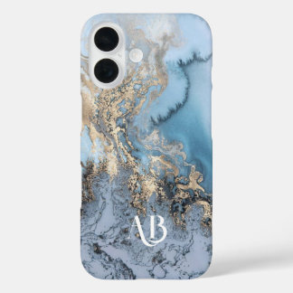 Monogram Gepersonaliseerde Blauw Marmeren iPhone C iPhone 16 Hoesje