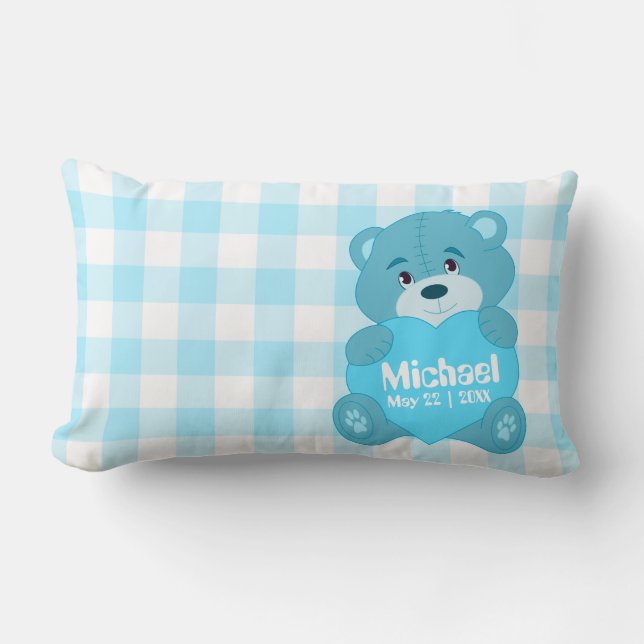 Monogram gepersonaliseerde blauwe teddybeer kussen (Voorkant)