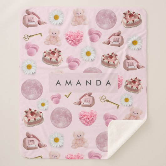 Monogram Gepersonaliseerde Coquette Roze Maan Vrou Sherpa Deken (Voorkant)