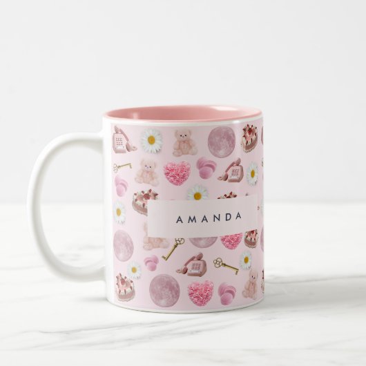 Monogram Gepersonaliseerde Coquette Roze Maan Vrou Tweekleurige Koffiemok (Links)