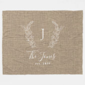 Monogram gepersonaliseerde familienaam rustic jute fleece deken (Voorkant (Horizontaal))