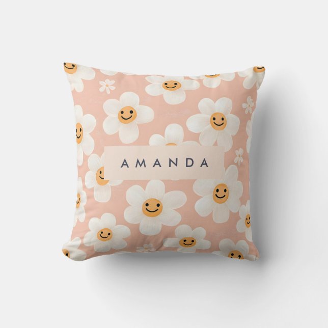 Monogram Gepersonaliseerde Glimlach Daisy Bloemenp Kussen (Voorkant)