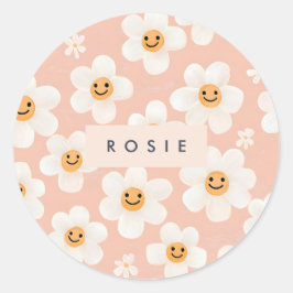 Monogram Gepersonaliseerde Glimlach Daisy Bloemenp Ronde Sticker