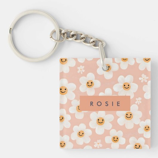 Monogram Gepersonaliseerde Glimlach Daisy Bloemenp Sleutelhanger (Voorkant)