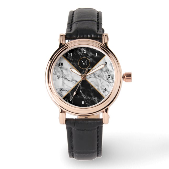 Monogram Gepersonaliseerde Horloge Zwarte Witte Ma (Voorkant)