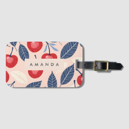 Monogram gepersonaliseerde kersen- en bladpatroon bagagelabel