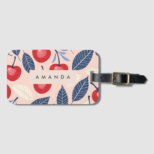 Monogram gepersonaliseerde kersen- en bladpatroon bagagelabel (Voorkant (horizontaal))