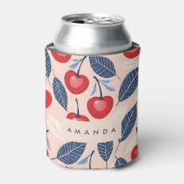 Monogram gepersonaliseerde kersen- en bladpatroon blikjeskoeler