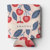 Monogram gepersonaliseerde kersen- en bladpatroon blikjeskoeler (Achterkant)