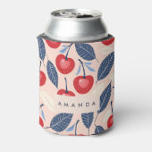 Monogram gepersonaliseerde kersen- en bladpatroon blikjeskoeler (Blikje Achterkant)