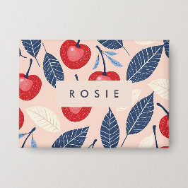 Monogram gepersonaliseerde kersen- en bladpatroon button