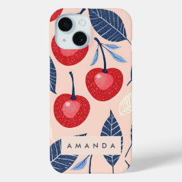 Monogram gepersonaliseerde kersen- en bladpatroon iPhone 15 case