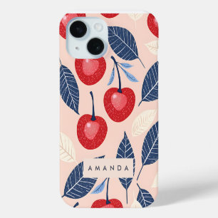 Monogram gepersonaliseerde kersen- en bladpatroon iPhone 15 case