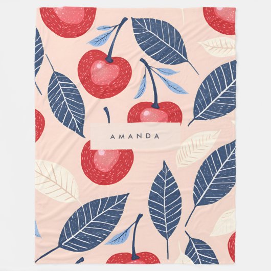 Monogram gepersonaliseerde kersen- en bladpatroon fleece deken (Voorkant)