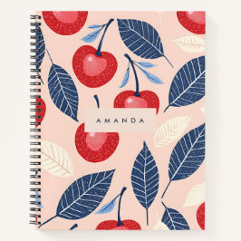 Monogram gepersonaliseerde kersen- en bladpatroon notitieboek