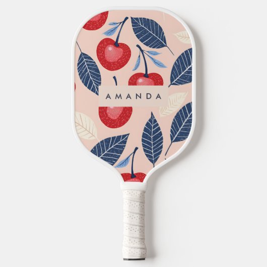Monogram gepersonaliseerde kersen- en bladpatroon pickleball paddle (Voorkant)