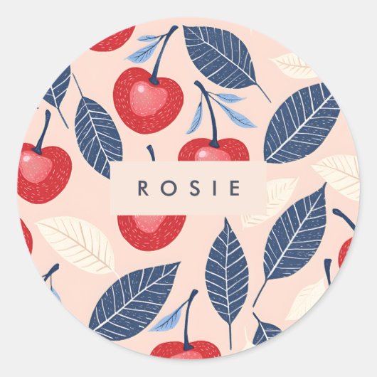 Monogram gepersonaliseerde kersen- en bladpatroon ronde sticker (Voorkant)