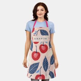 Monogram gepersonaliseerde kersen- en bladpatroon schort