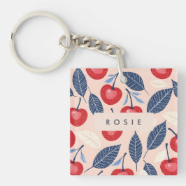 Monogram gepersonaliseerde kersen- en bladpatroon sleutelhanger