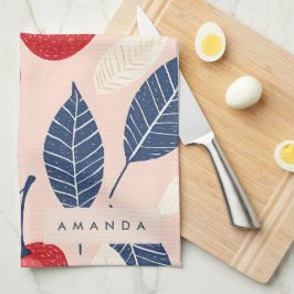 Monogram gepersonaliseerde kersen- en bladpatroon theedoek