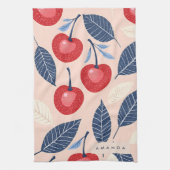 Monogram gepersonaliseerde kersen- en bladpatroon theedoek (Verticaal)