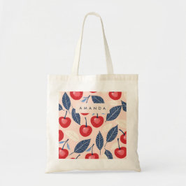 Monogram gepersonaliseerde kersen- en bladpatroon tote bag