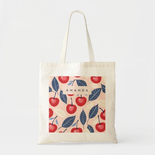 Monogram gepersonaliseerde kersen- en bladpatroon tote bag (Voorkant)