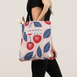 Monogram gepersonaliseerde kersen- en bladpatroon tote bag