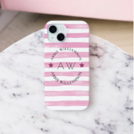 Monogram gepersonaliseerde roze strepen iPhone 15 case